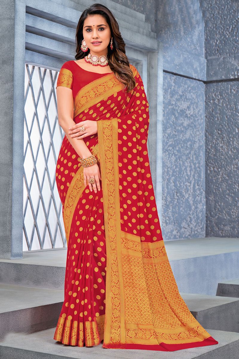 Chiffon Fabric Weaving Work Imposing Saree In Red Color