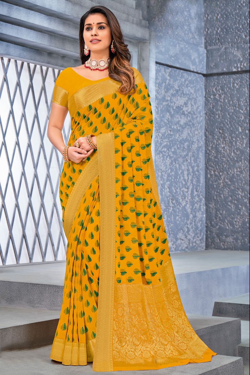 Chiffon Fabric Yellow Color Weaving Work Glorious Saree