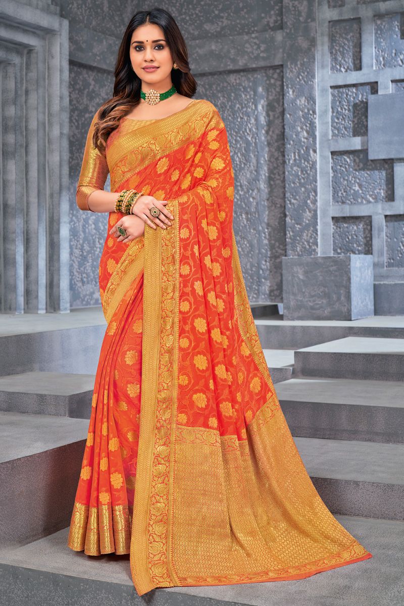 Orange Color Chiffon Fabric Pleasant Saree With Weaving Work