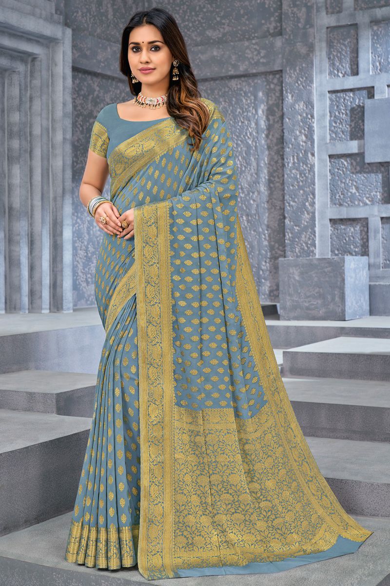 Chiffon Fabric Weaving Work Blazing Saree In Grey Color