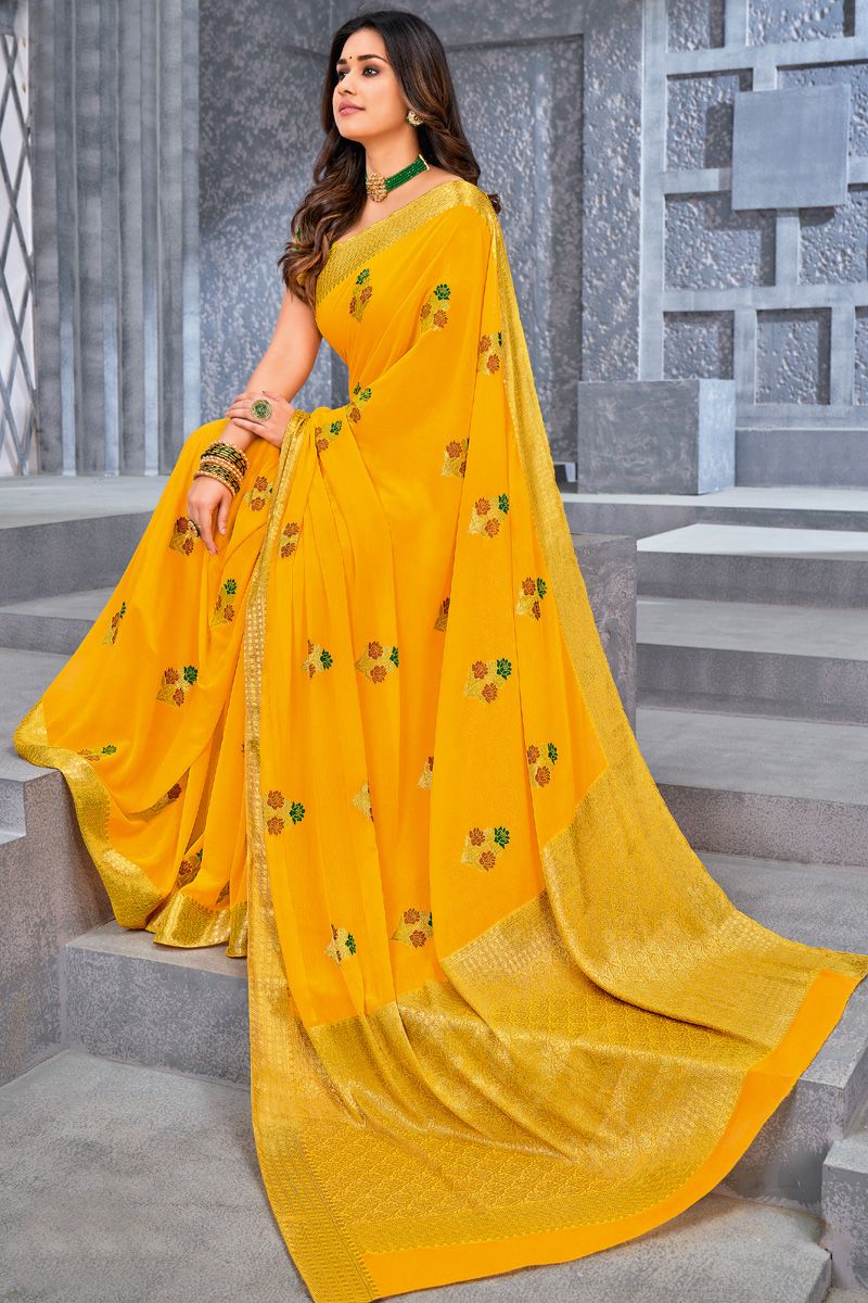 Chiffon Fabric Yellow Color Weaving Work Graceful Saree