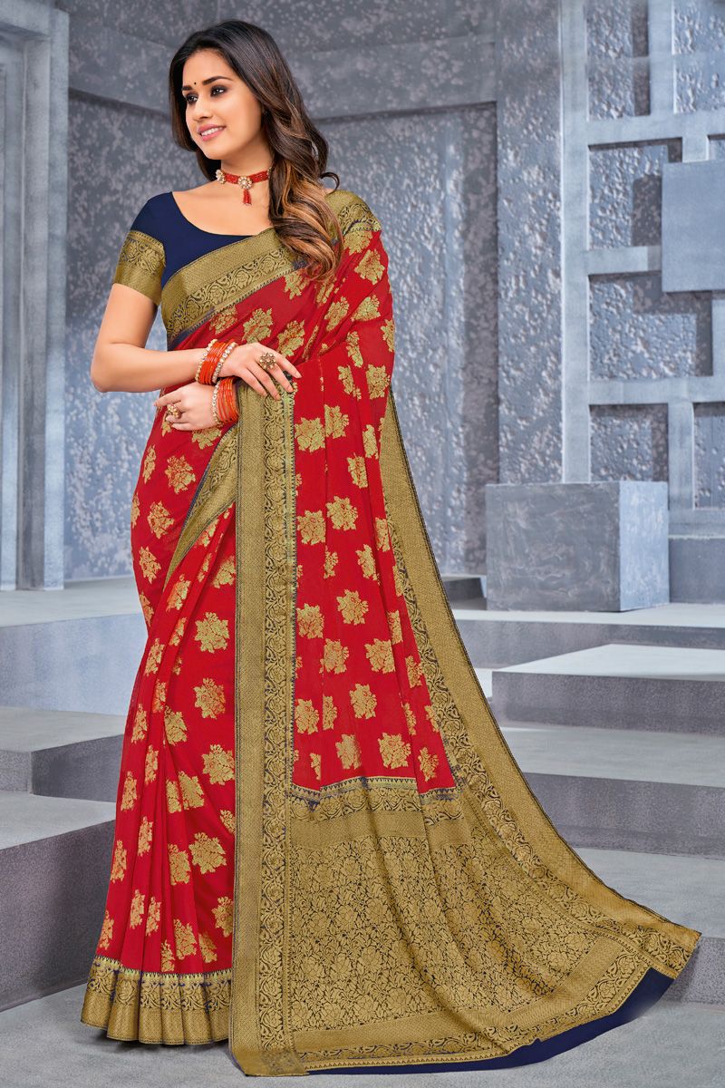 Red Color Chiffon Fabric Weaving Work Imperial Saree