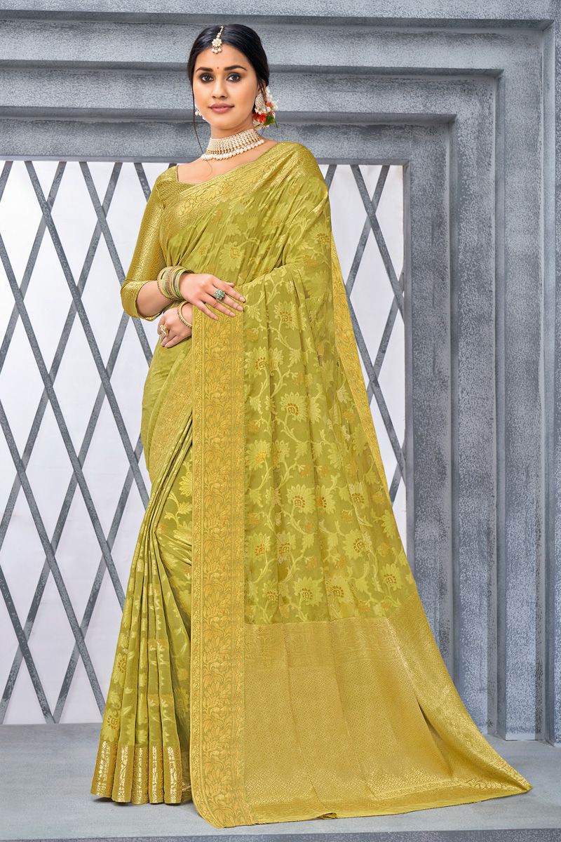 Chiffon Fabric Coveted Weaving Work Saree In Olive Color