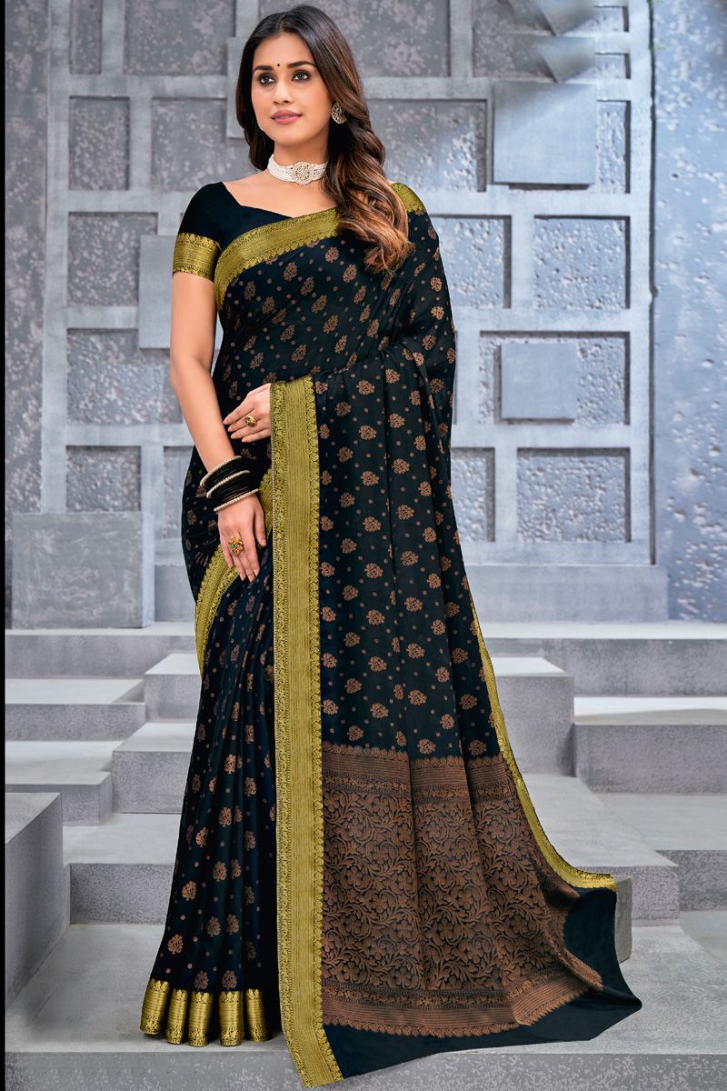 Chiffon Fabric Black Color Weaving Work Delicate Saree