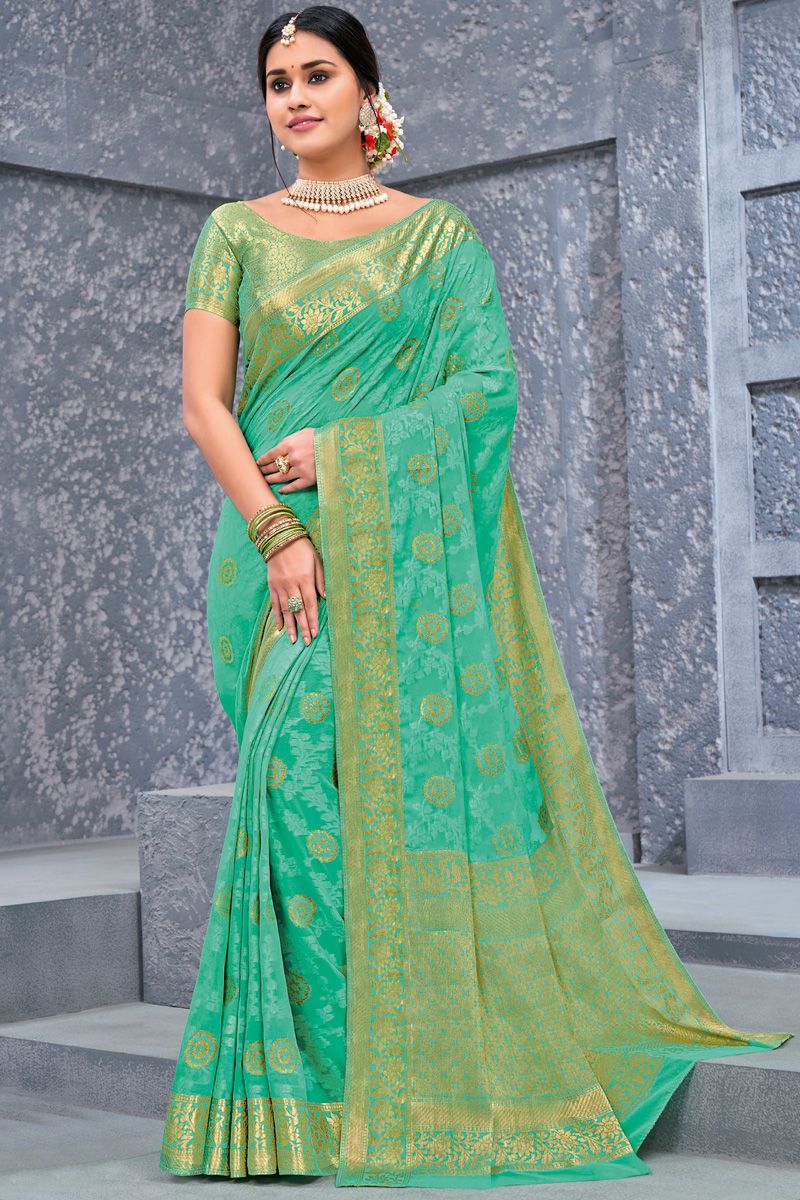 Sea Green Color Chiffon Fabric Weaving Work Chic Saree