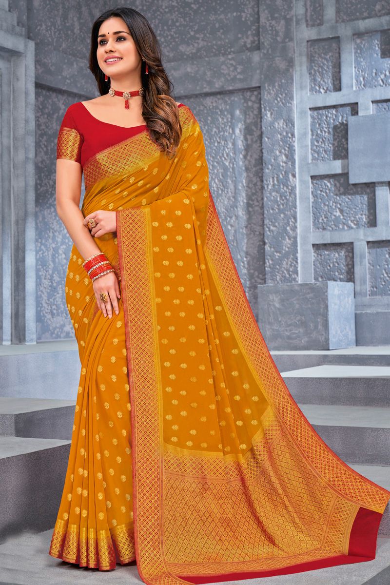 Chiffon Fabric Weaving Work Brilliant Saree In Mustard Color