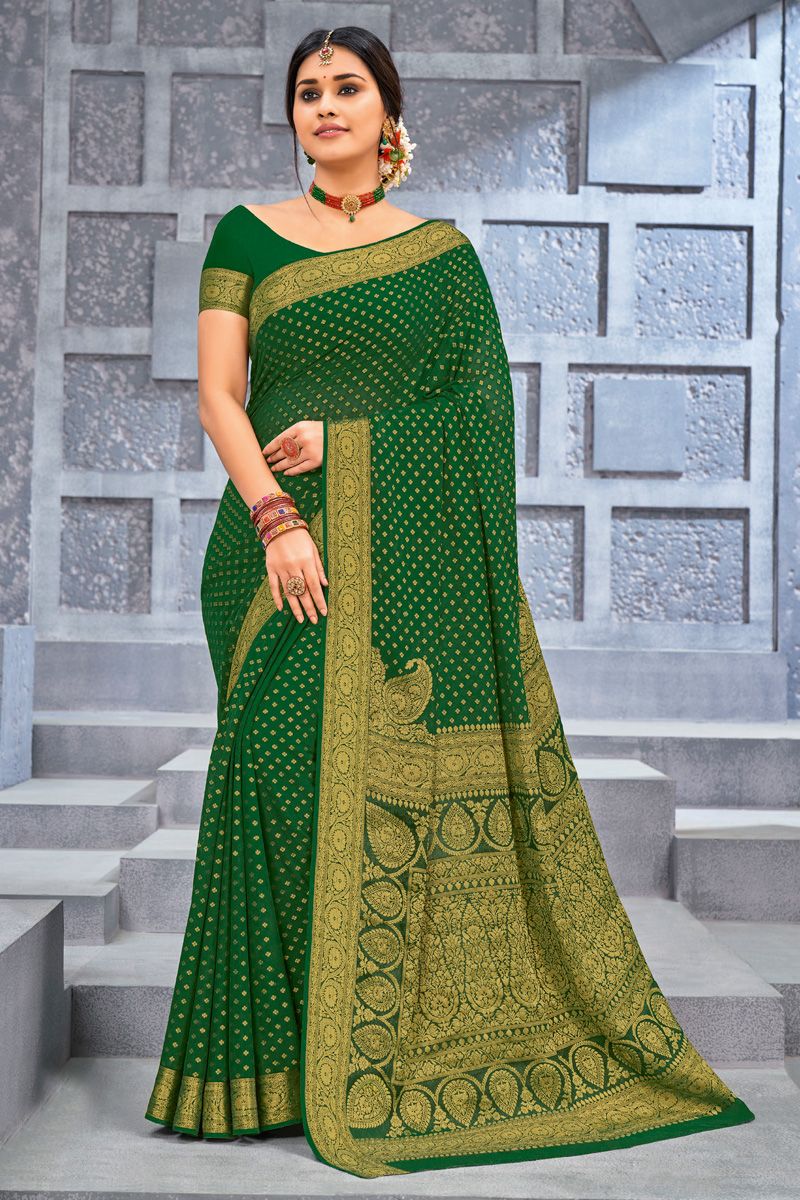 Chiffon Fabric Green Color Weaving Work Soothing Saree