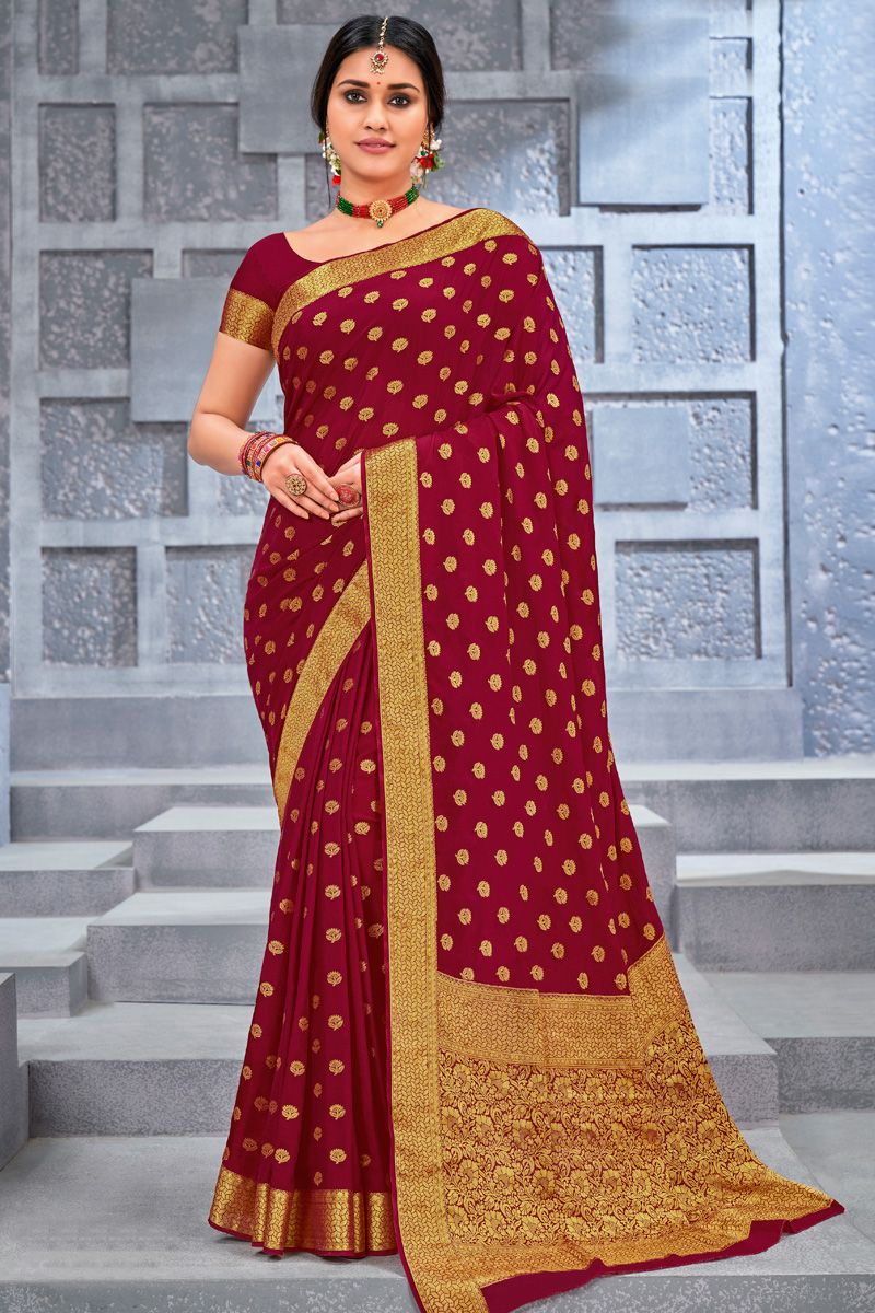 Maroon Color Chiffon Fabric Appealing Weaving Work Saree