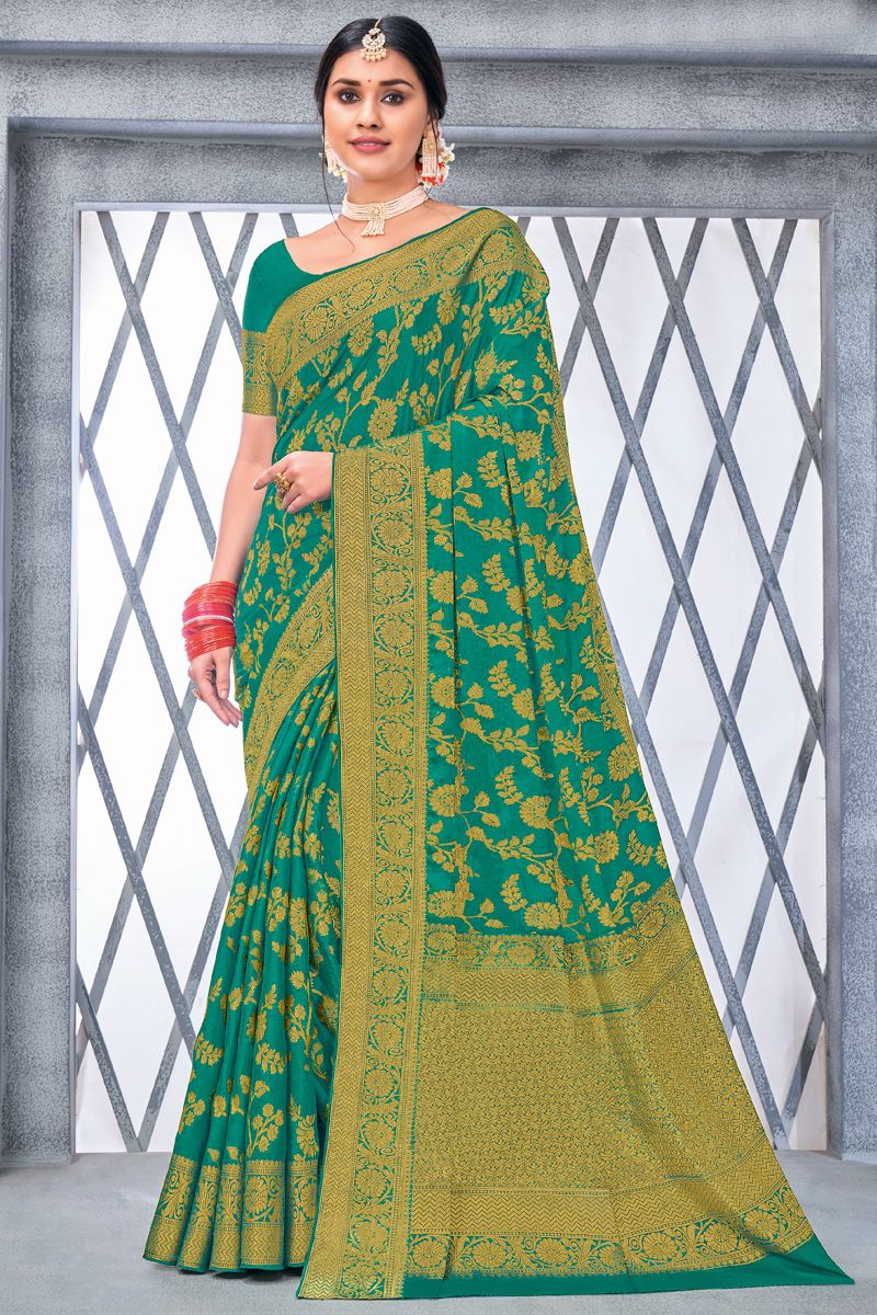 Chiffon Fabric Weaving Work Wonderful Saree In Green Color