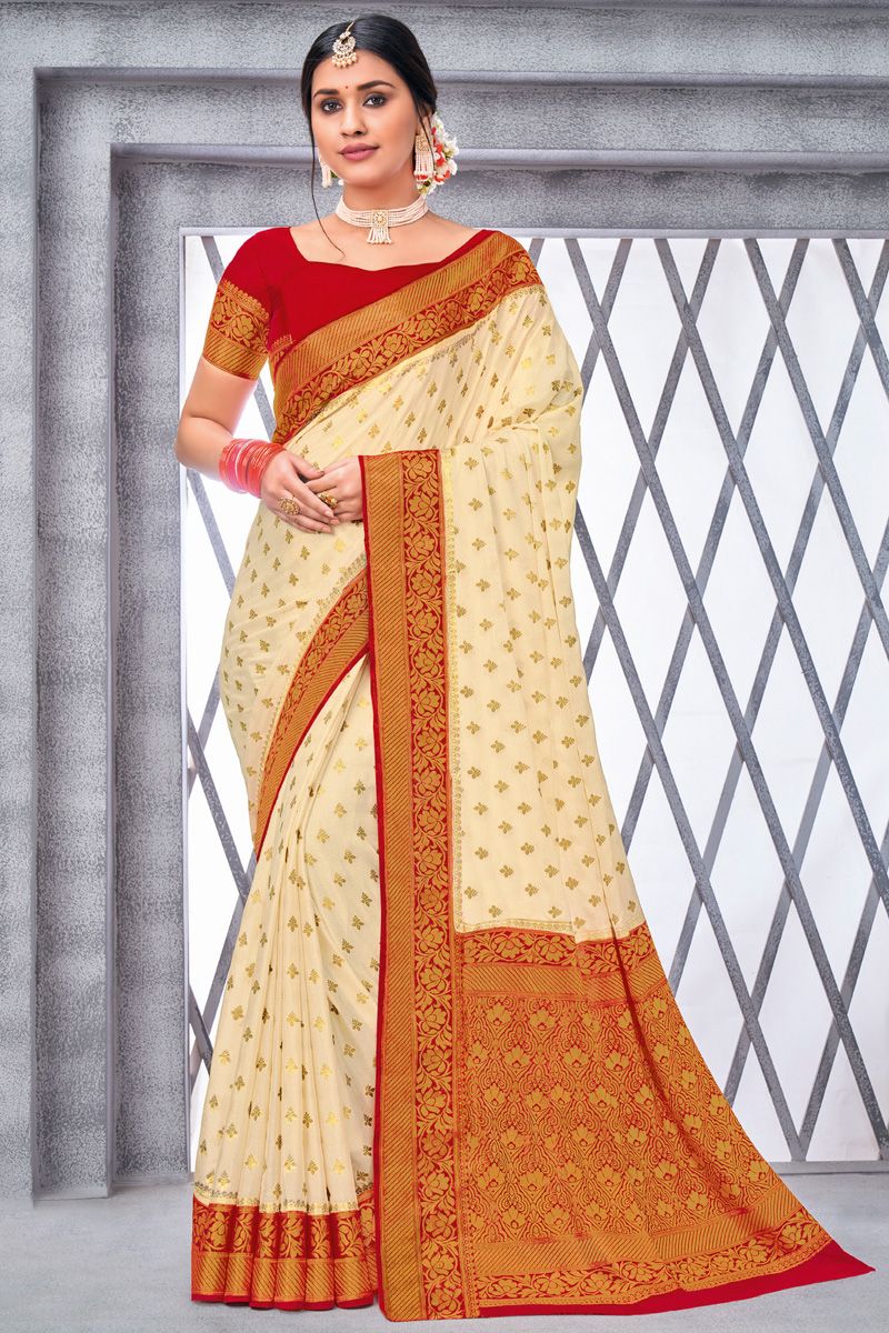 Chiffon Fabric Off White Color Weaving Work Fantastic Saree