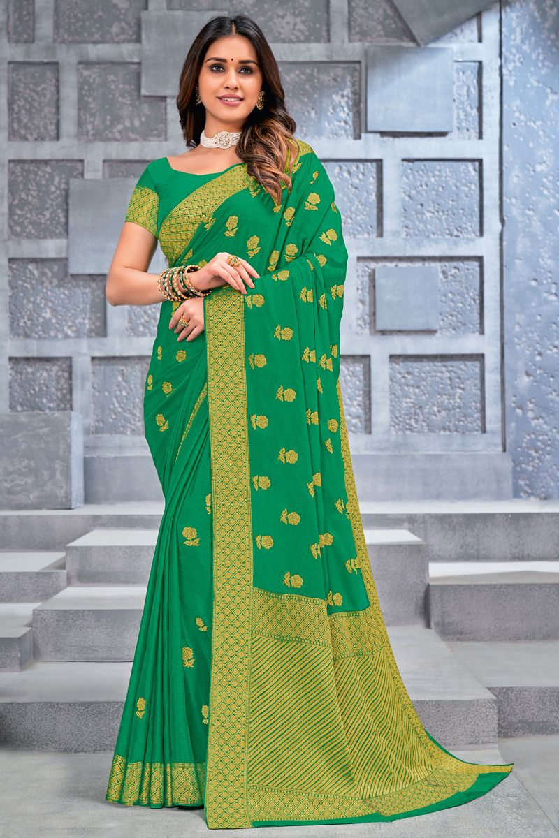 Green Color Chiffon Fabric Weaving Work Awesome Saree