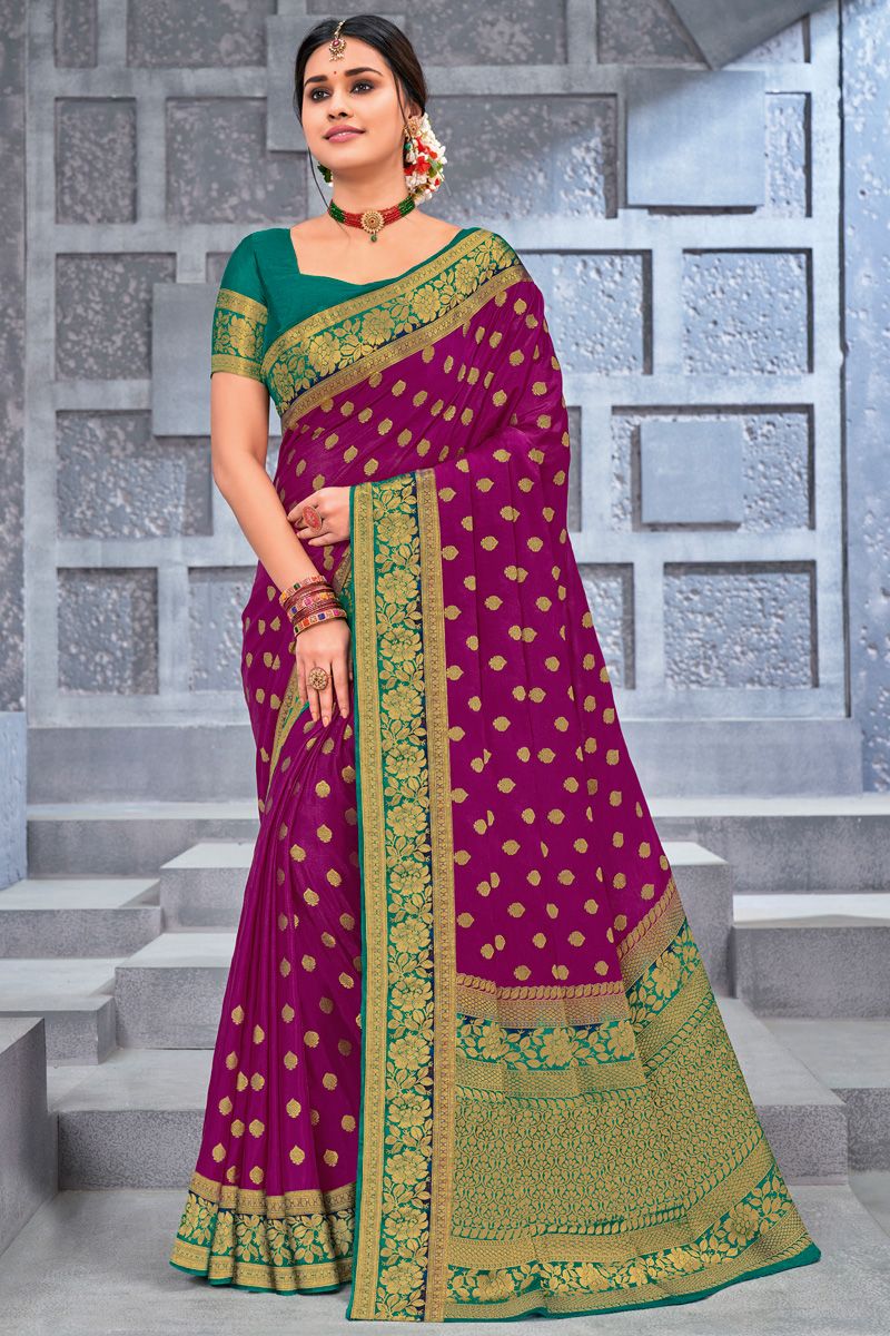 Chiffon Fabric Stunning Weaving Work Saree In Rani Color