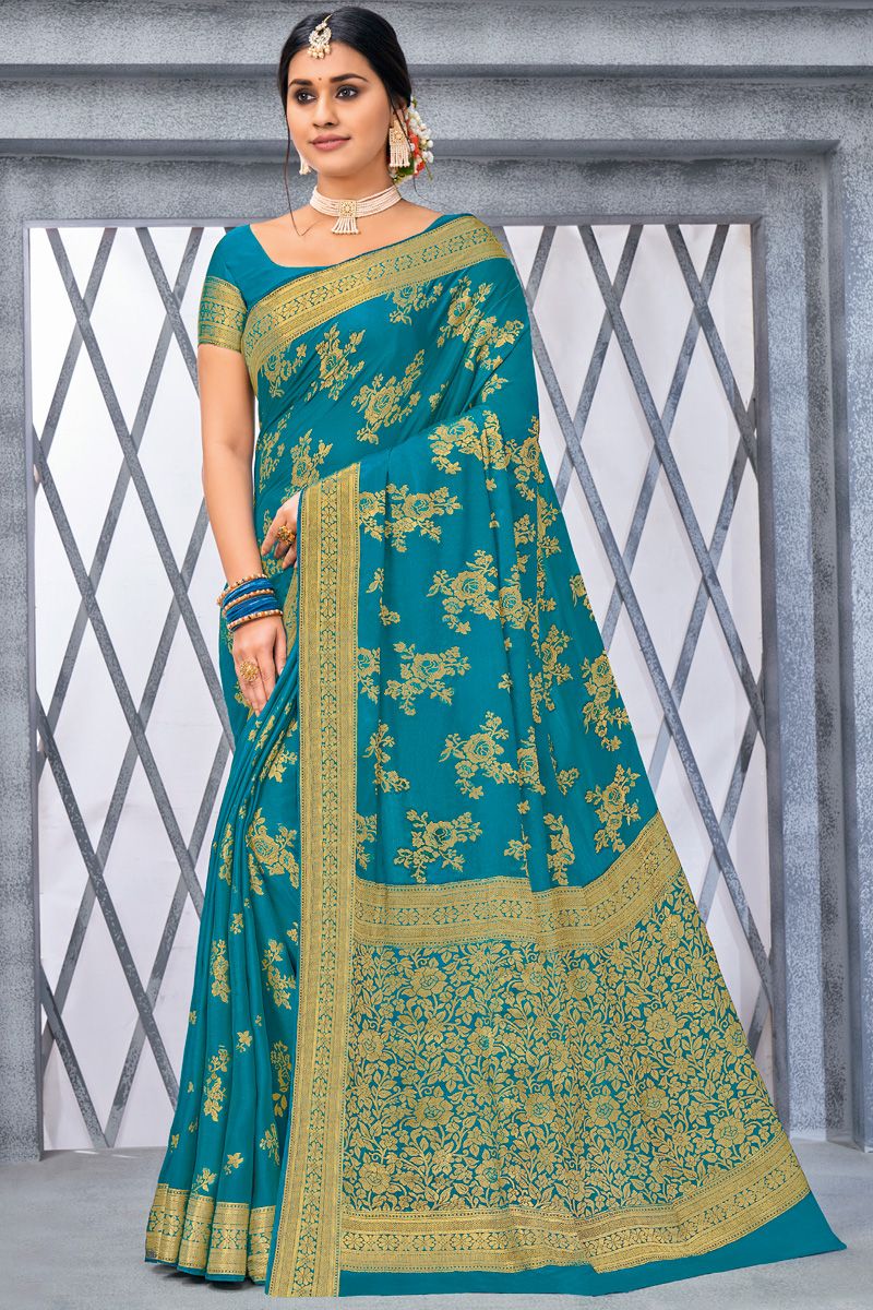 Chiffon Fabric Cyan Color Ingenious Weaving Designs Saree