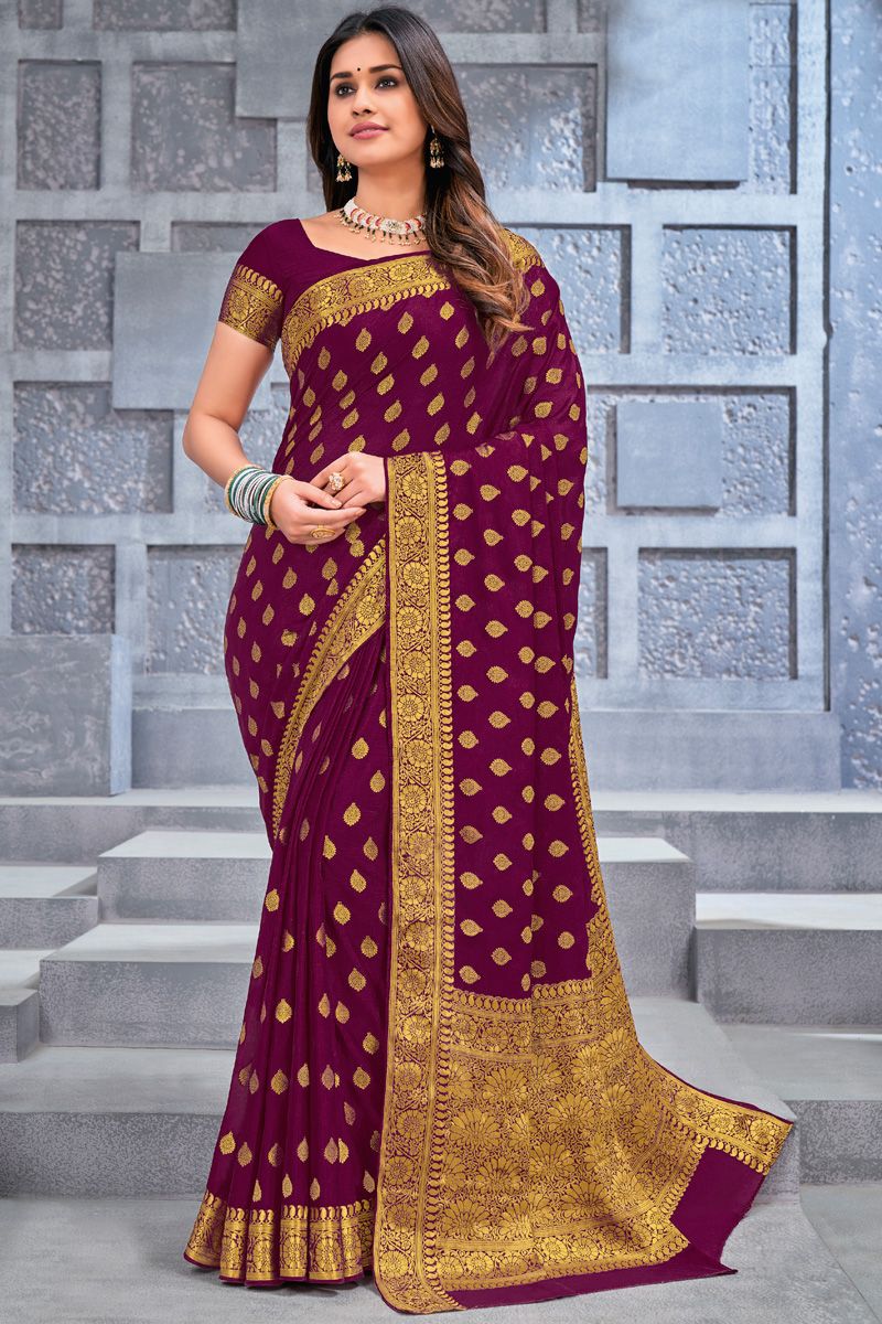 Maroon Color Weaving Work Chiffon Fabric Vintage Saree