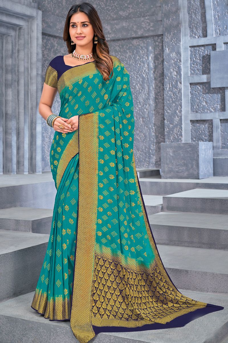 Weaving Work Chiffon Fabric Cyan Color Wonderful Saree