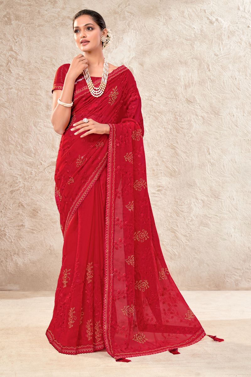 Party Style Superior Saree In Red Color