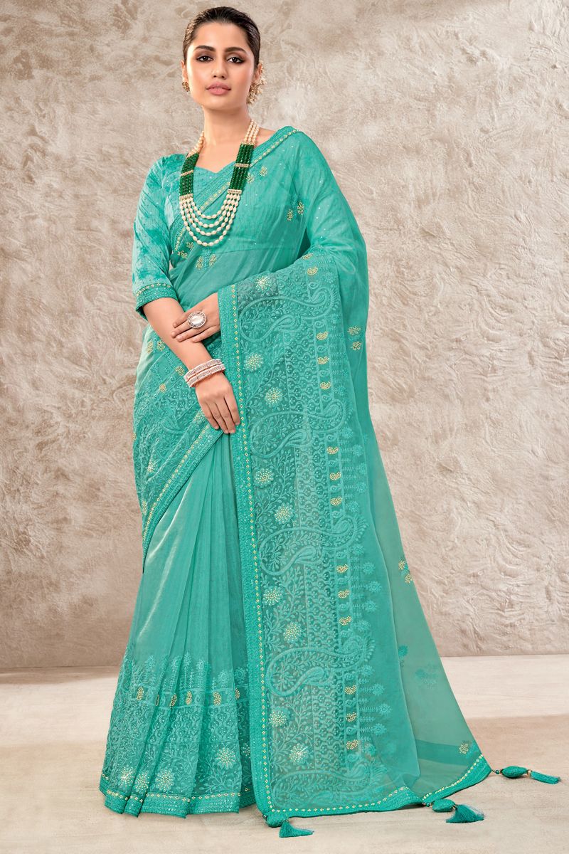 Party Style Sea Green Color Coveted Saree