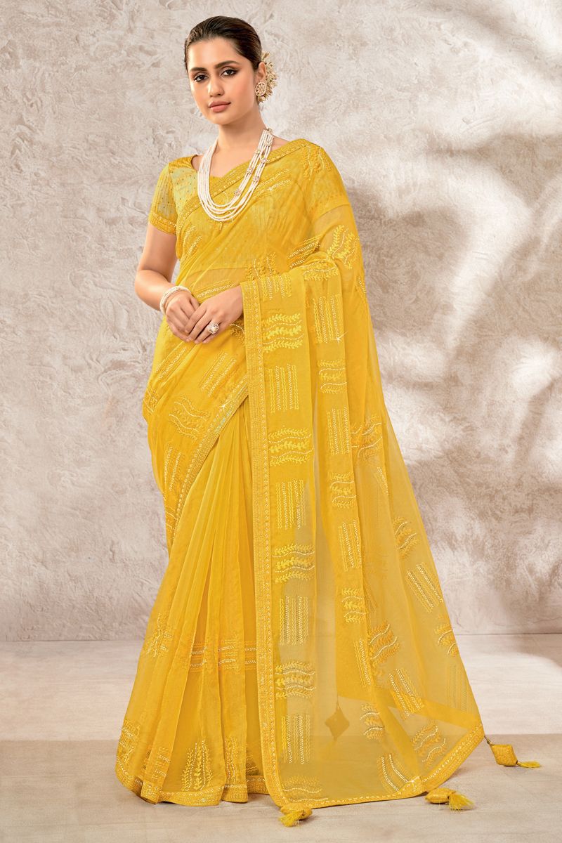 Yellow Color Organza Fabric Gorgeous Saree