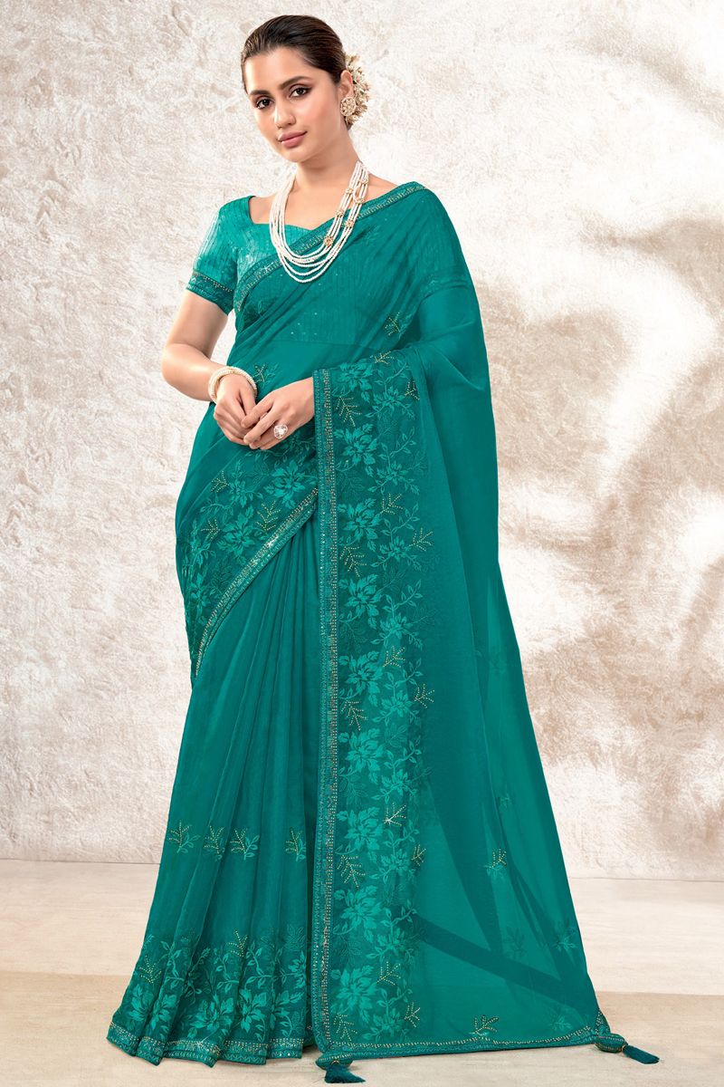 Party Style Mesmeric Saree In Teal Color