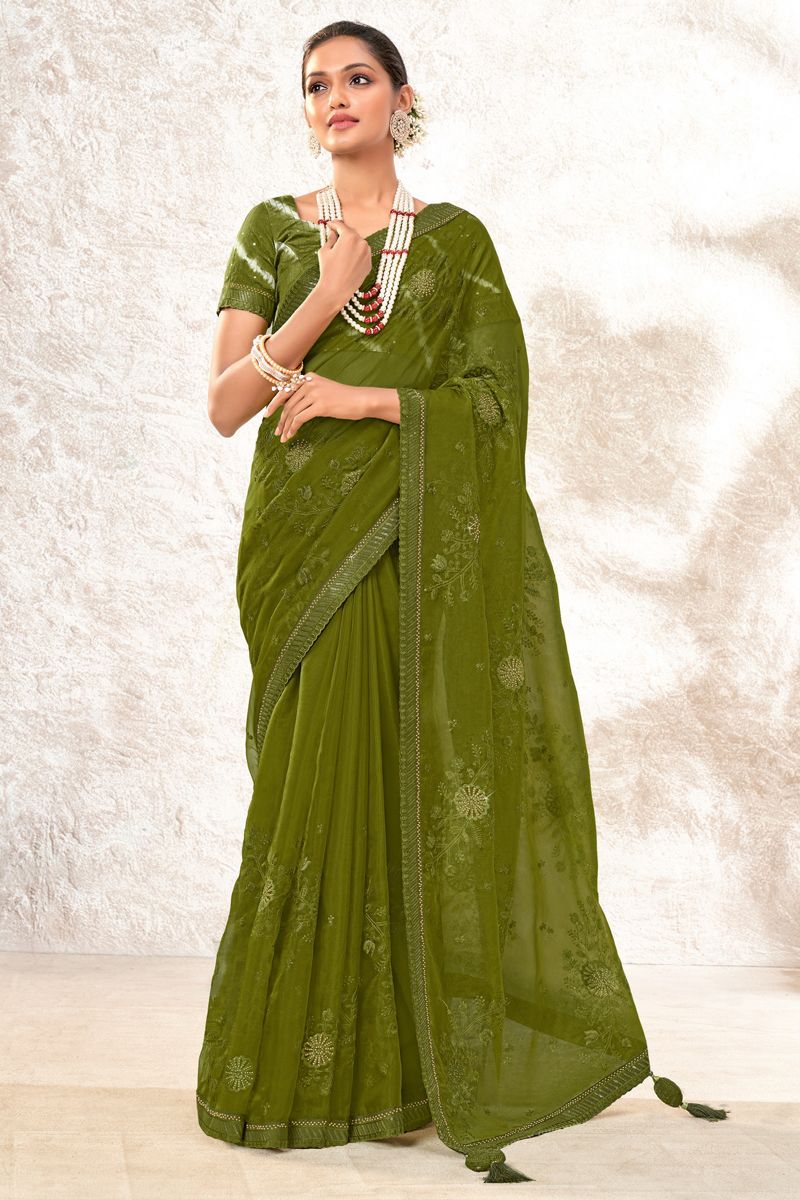 Organza Fabric Wondrous Saree In Olive Color