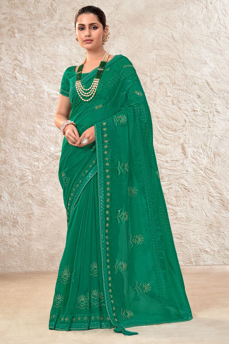 Green Color Party Style Organza Fabric Saree