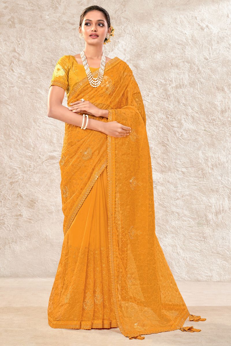 Organza Fabric Mustard Color Phenomenal Saree