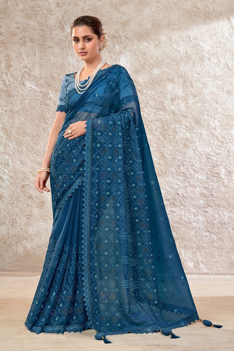 Blue Color Party Style Organza Fabric Saree