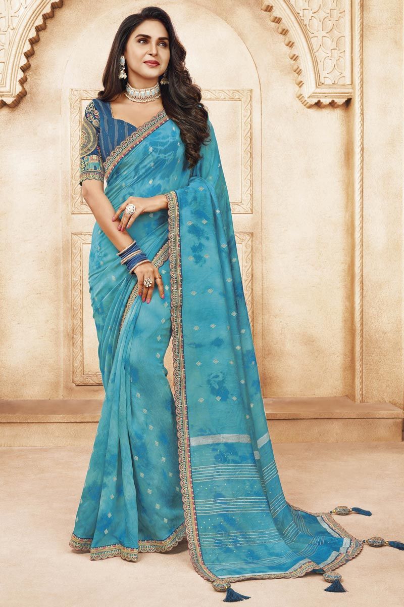 Cyan Color Charming Viscose Cotton Saree