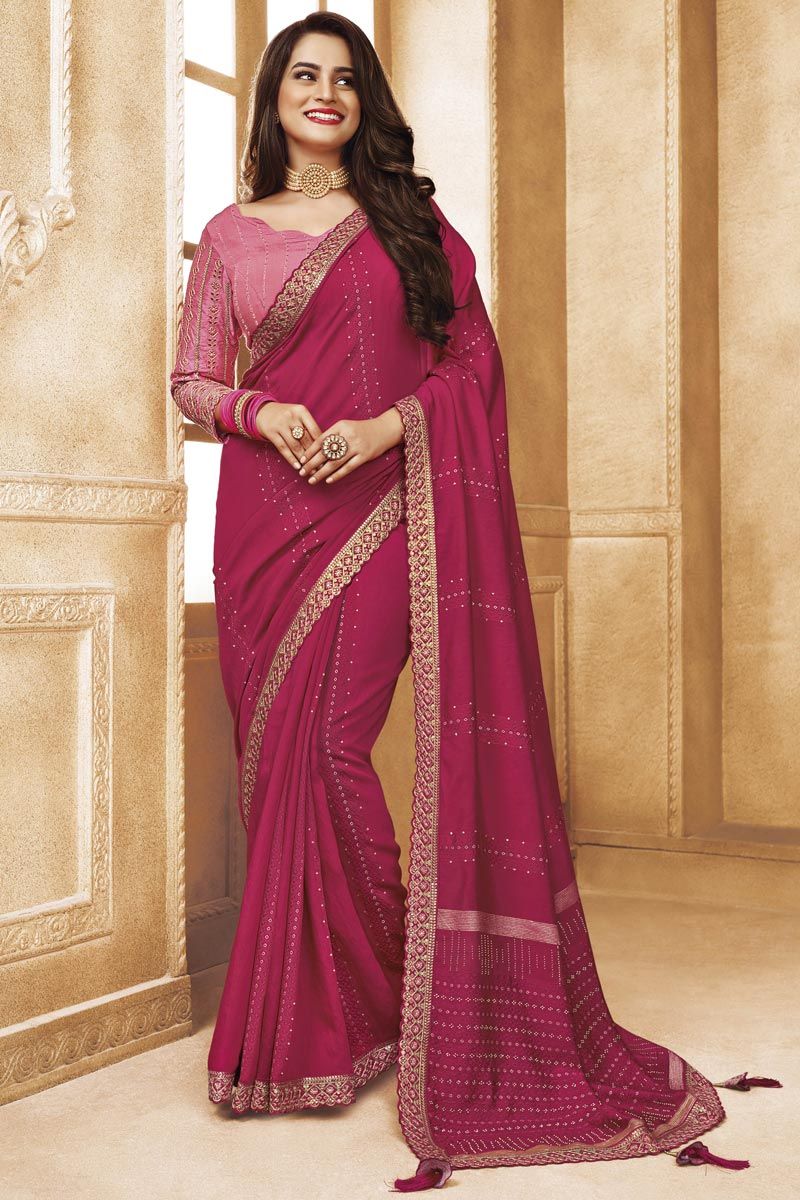 Blazing Pink Color Viscose Cotton Saree