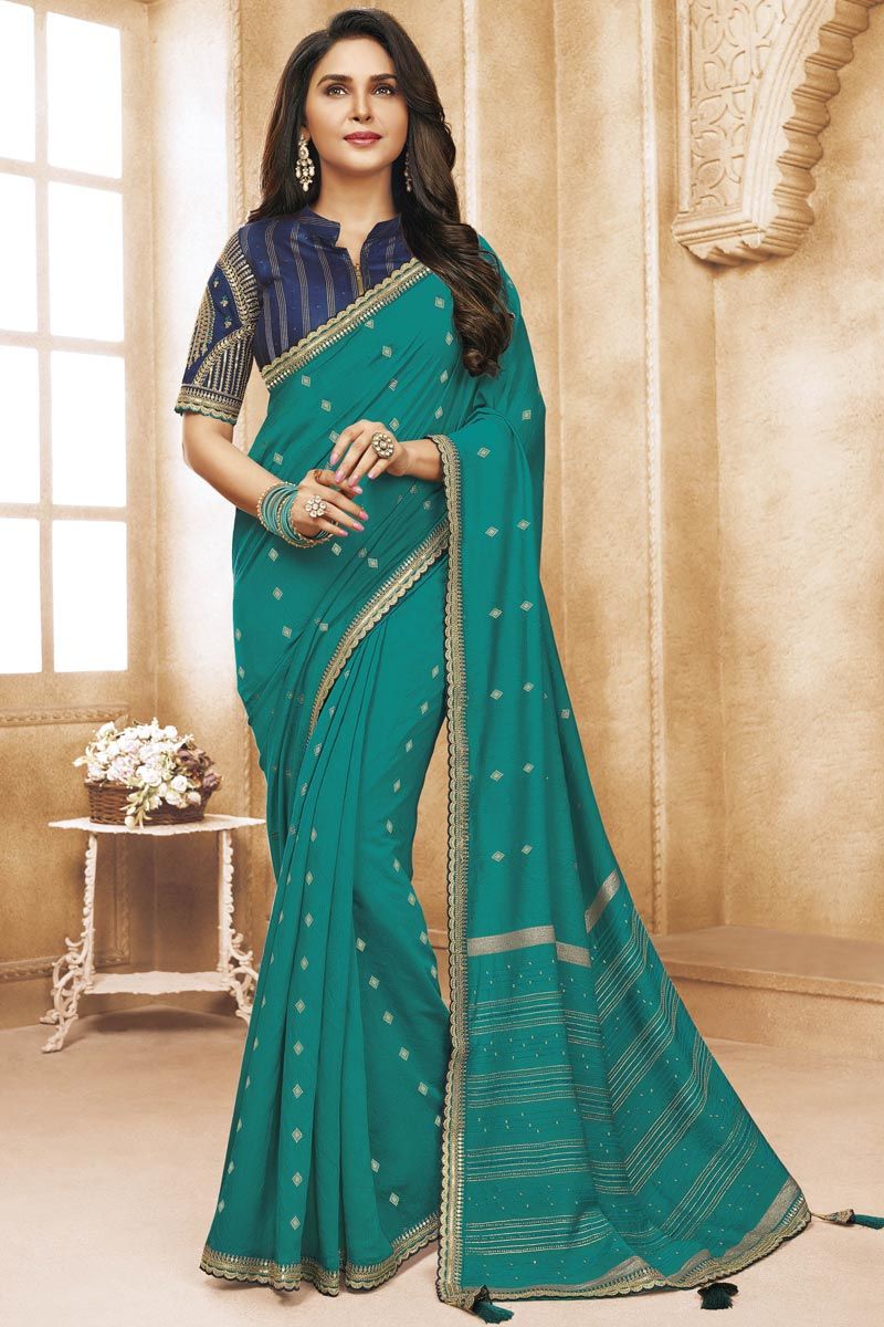 Sea Green Color Elegant Viscose Cotton Saree