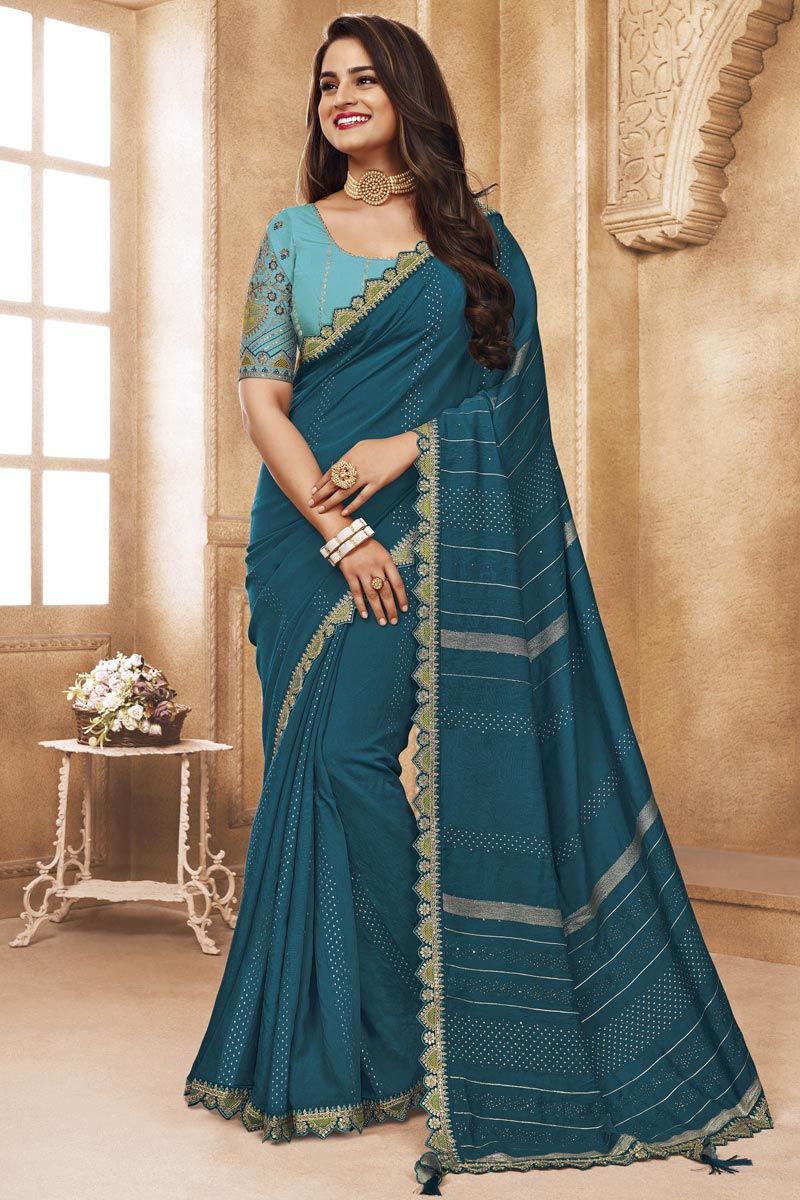 Teal Color Bright Viscose Cotton Saree