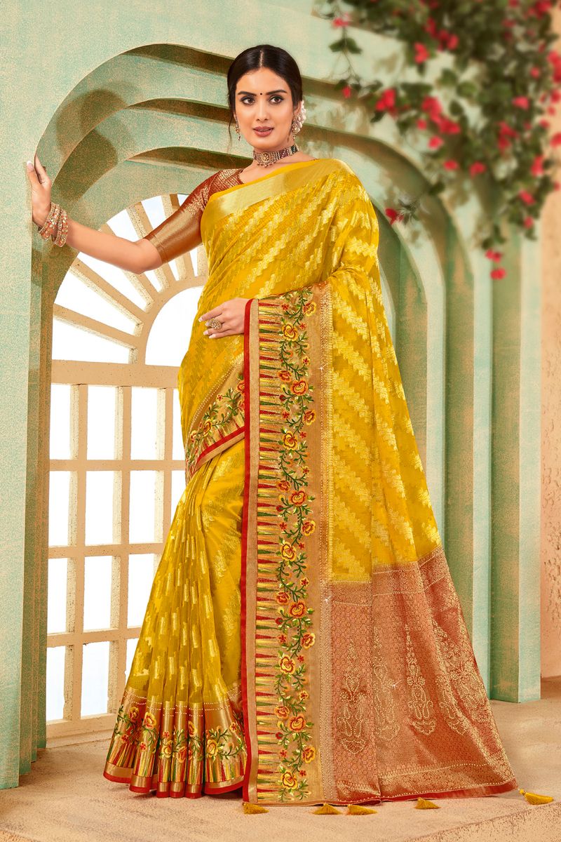 Weaving Work On Organza Yellow Color Saree