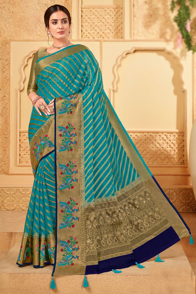 Tempting Teal Color Saree With Weaving Work