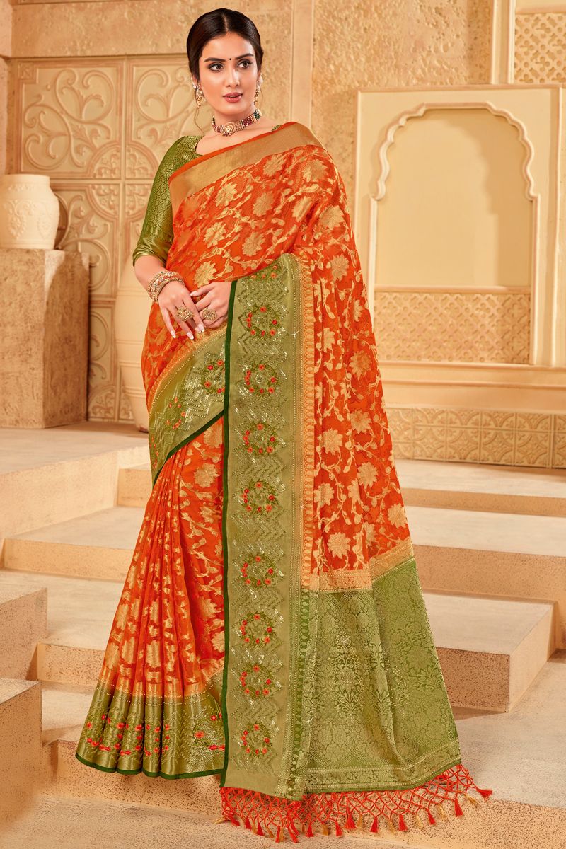 Engaging Orange Color Saree With Weaving Work