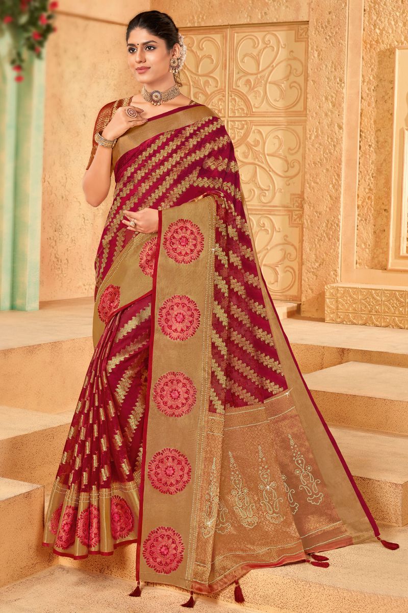 Classic Weaving Work On Maroon Color Saree