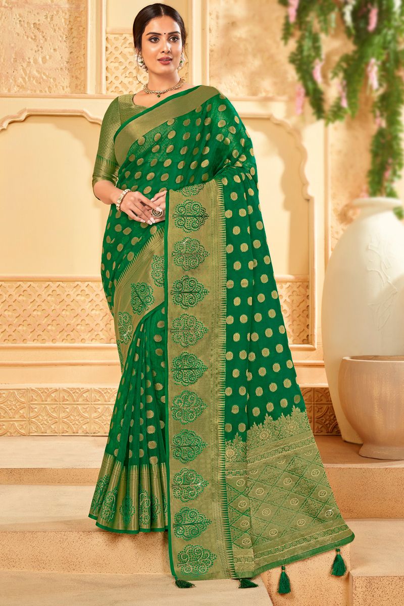 Green Color Saree With Winsome Weaving Work