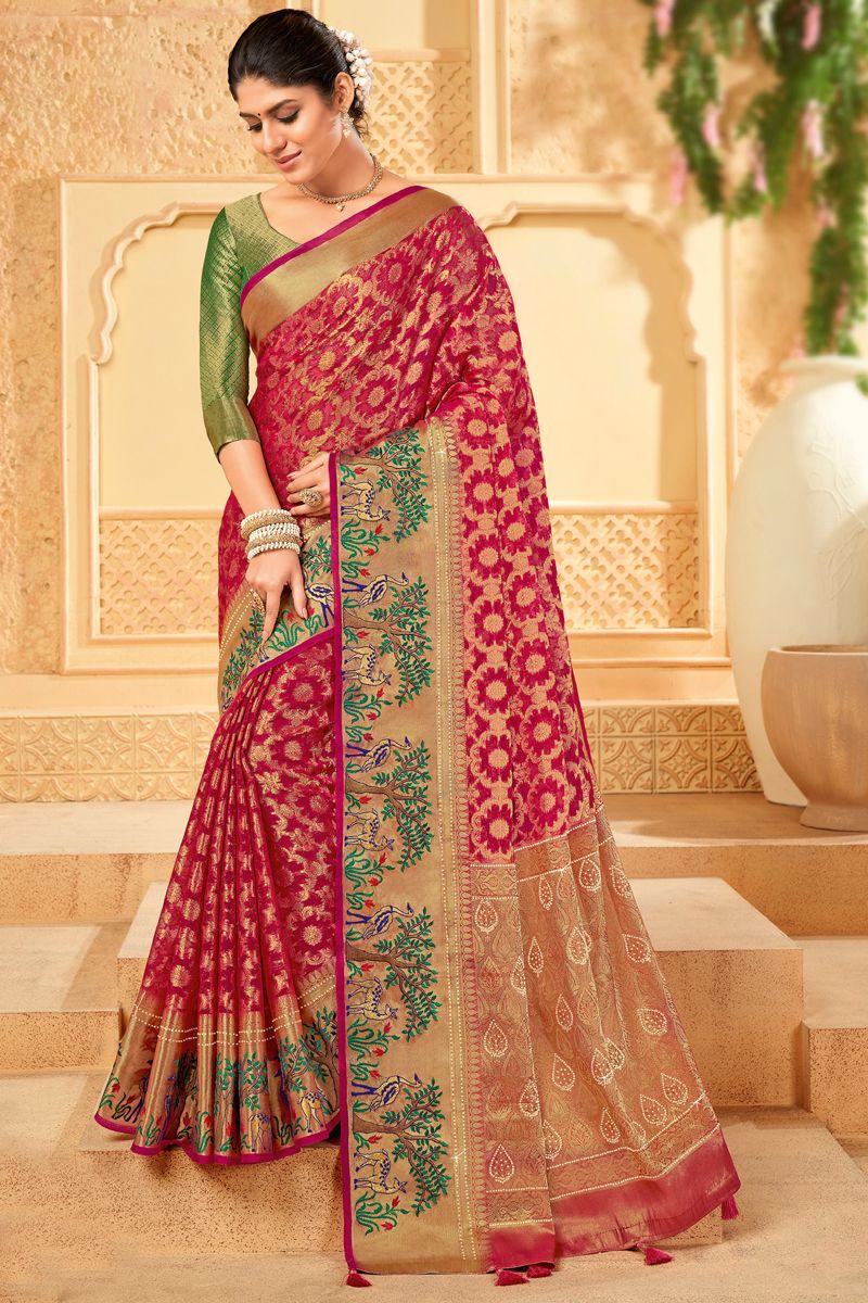 Creative Organza Saree In Rani Color