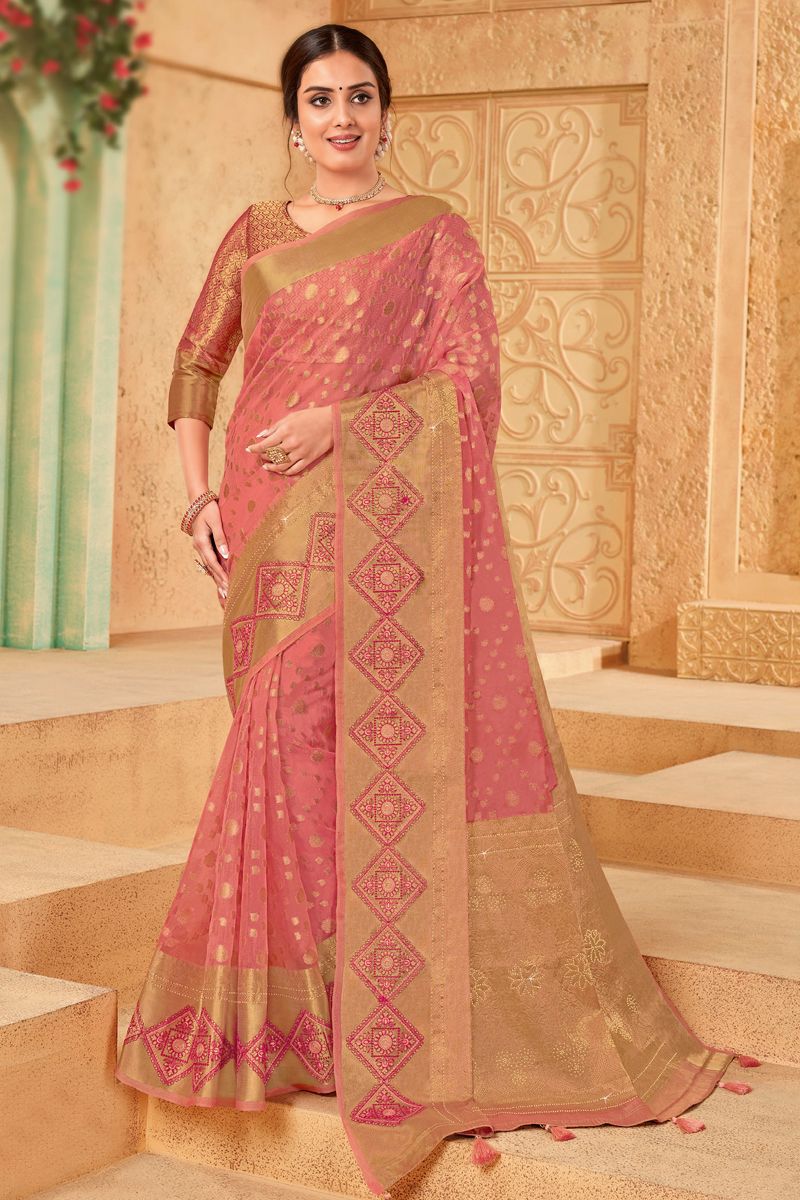 Amazing Pink Color Organza Saree