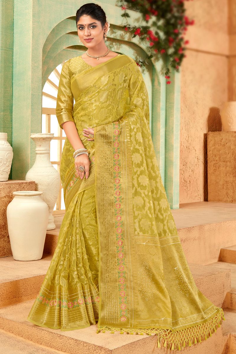 Weaving Work On Yellow Color Organza Saree