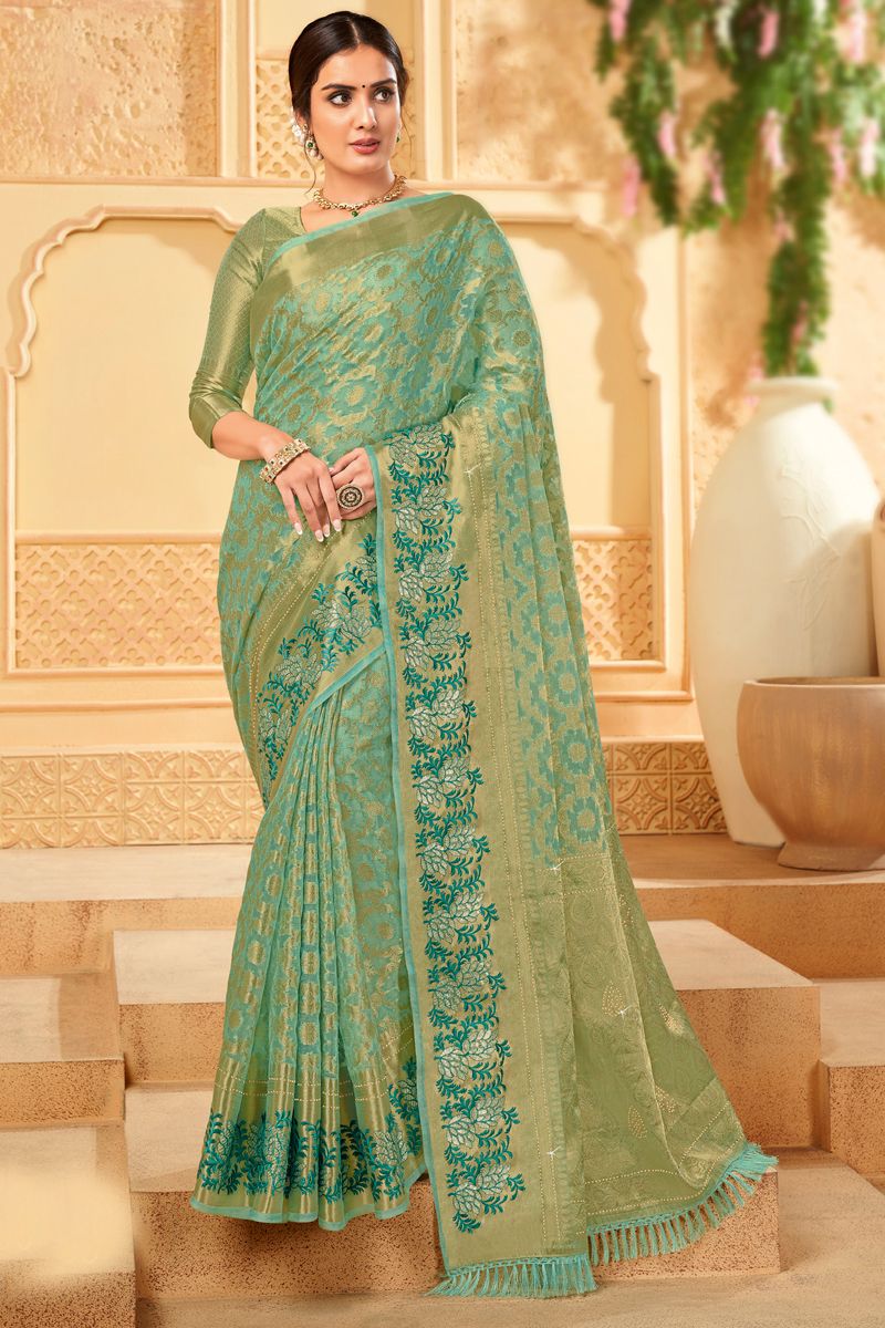 Excellent Sea Green Color Saree With Weaving Work