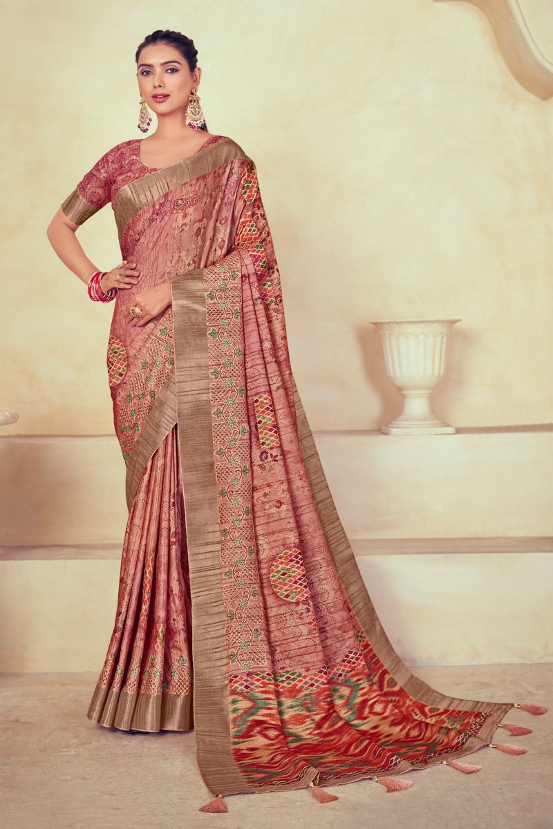 Pink Color Dola Silk Daily Wear Saree With Printed Blouse