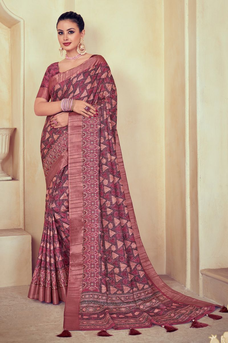 Pink Color Dola Silk Stylish Saree With Printed Blouse