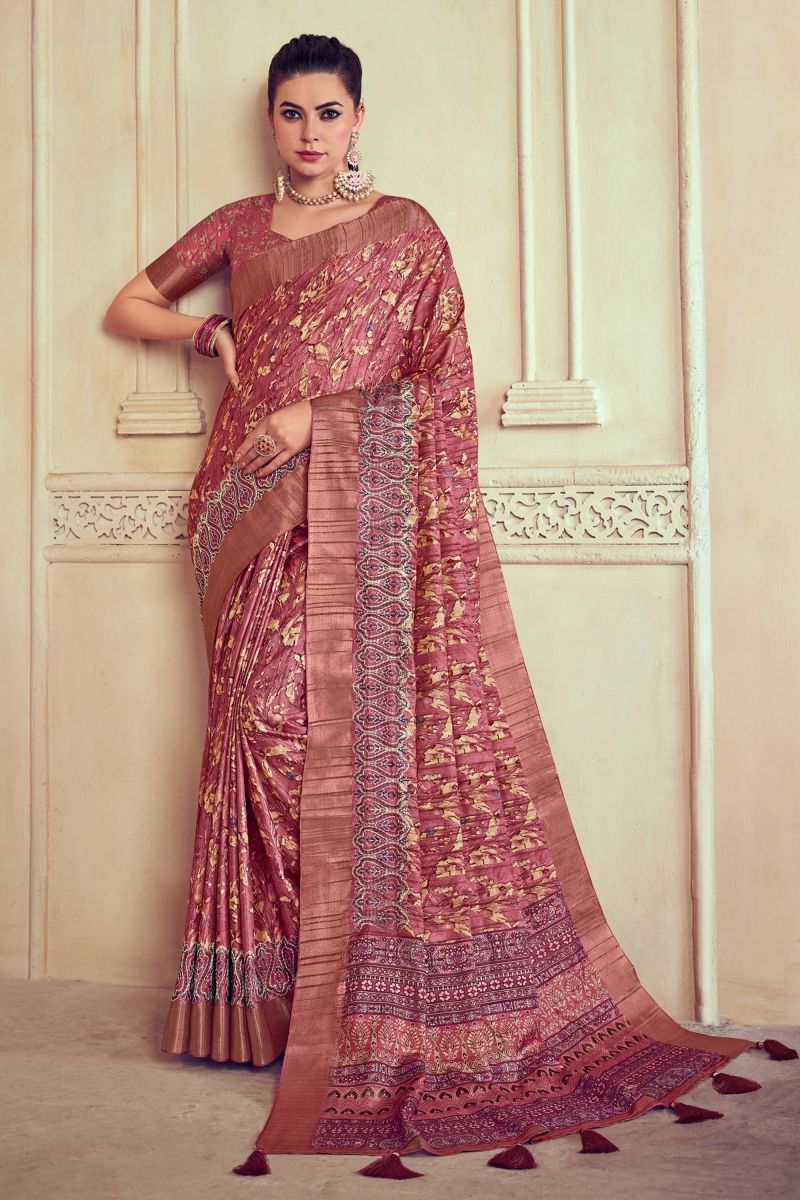 Printed Pink Color Dola Silk Function Wear Saree