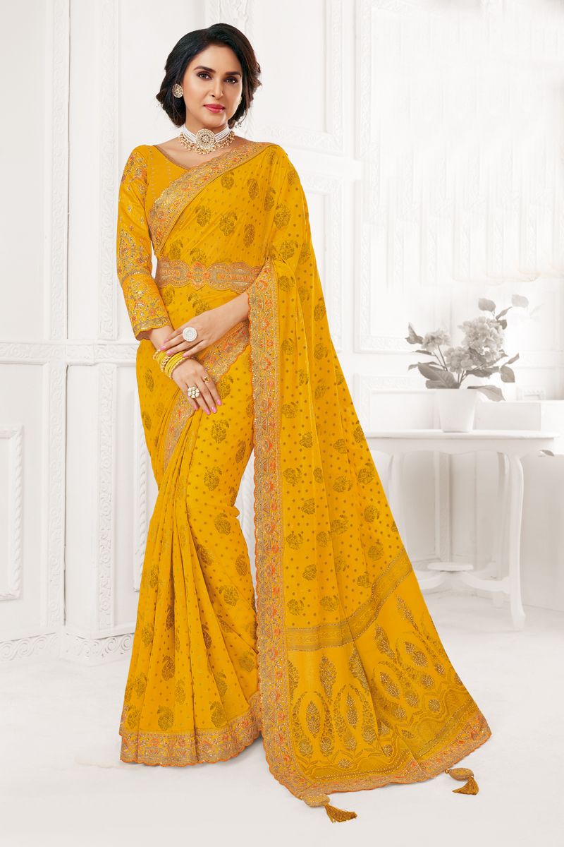 Georgette Embellished Embroidered Yellow Color Saree For Party