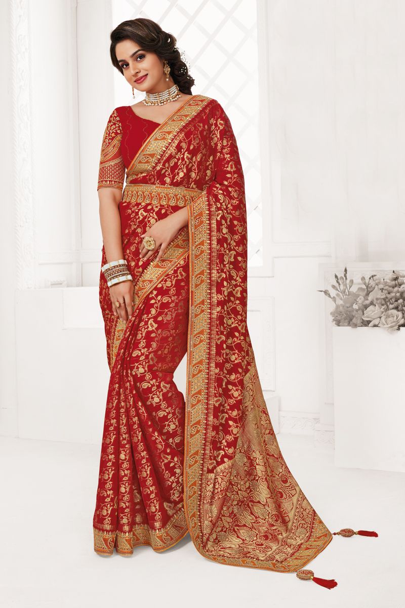 Red Color Graceful Embroidered Georgette Saree For Party