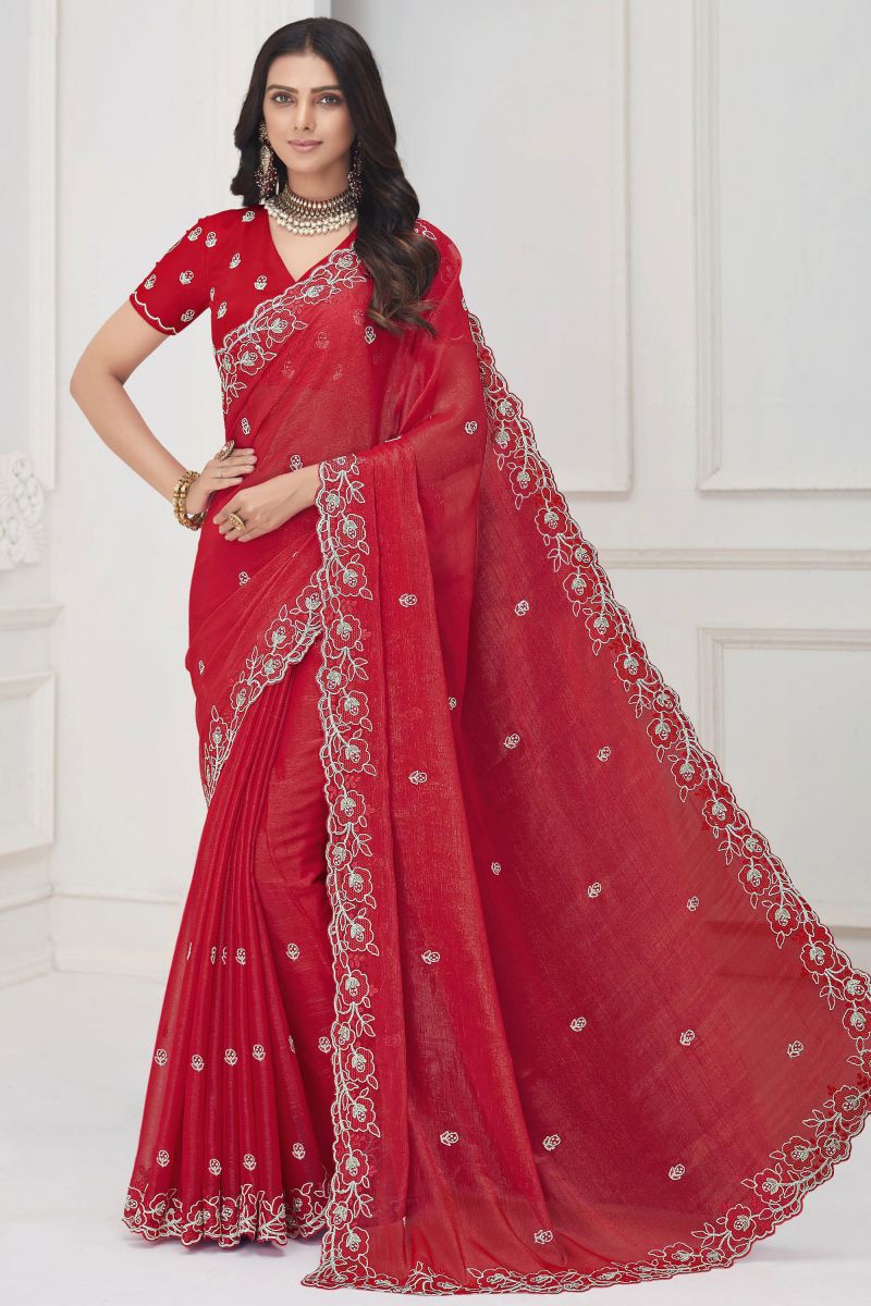 Chiffon Red Excellent Saree With Embroidered Work