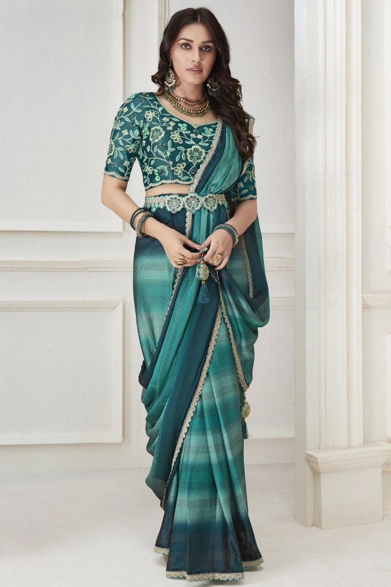 Satin And Chiffon Multi Saree With Embroidered Work