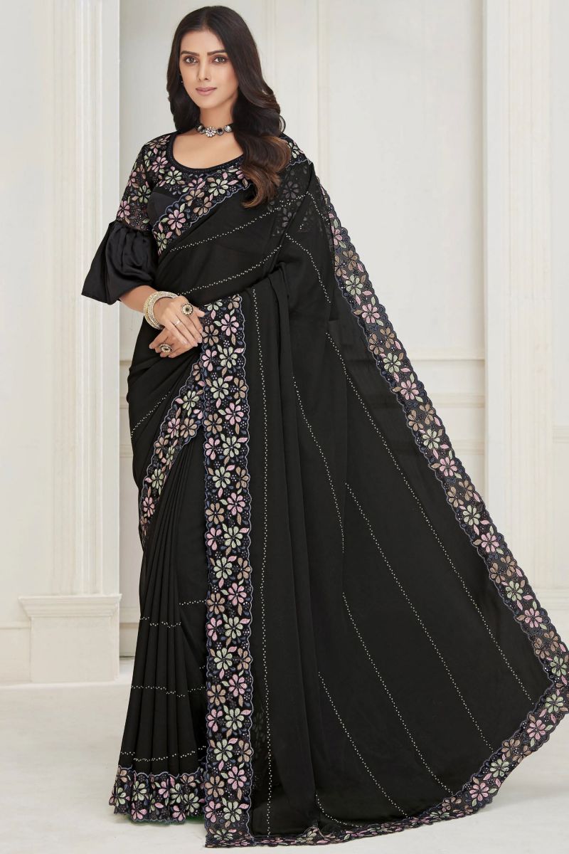 Black Georgette Saree With Embroidered Work