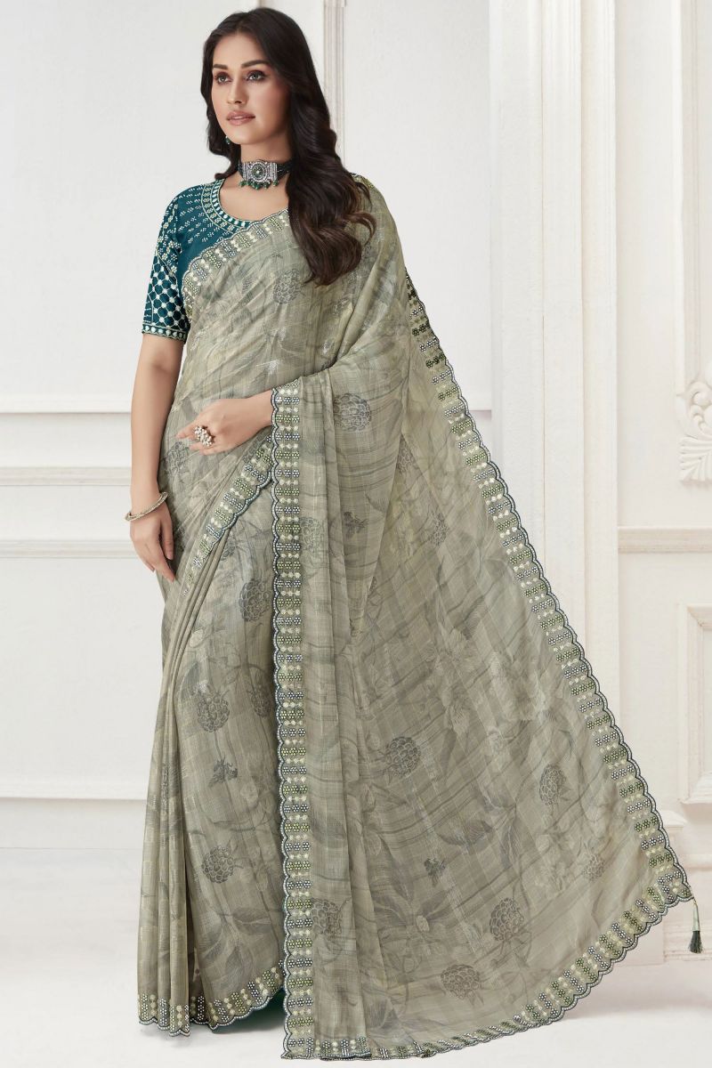 Embroidered Work On Cream Satin And Chiffon Saree