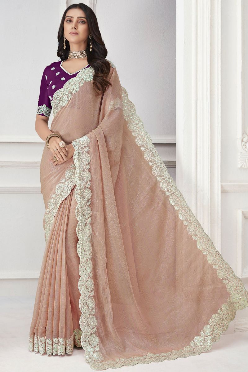 Chiffon Peach Saree With Embroidered Work